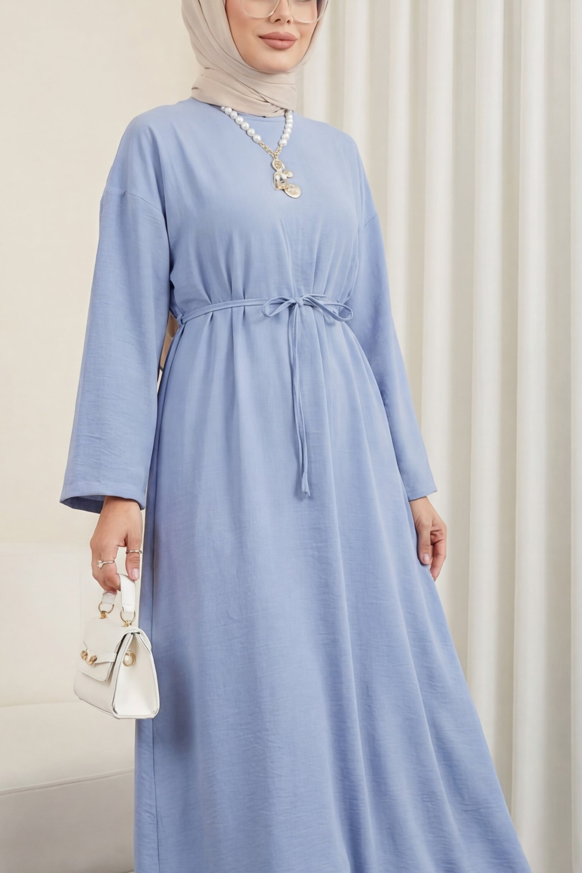 Blue Tie-Waist Linen Look Dress with Back Zipper - Podyumplus - by Peralane - photo 2