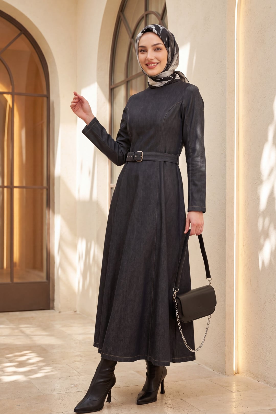 Flared Skirt Zip Belted Denim Dress - Anthracite - Podyumplus - by Peralane - photo 3