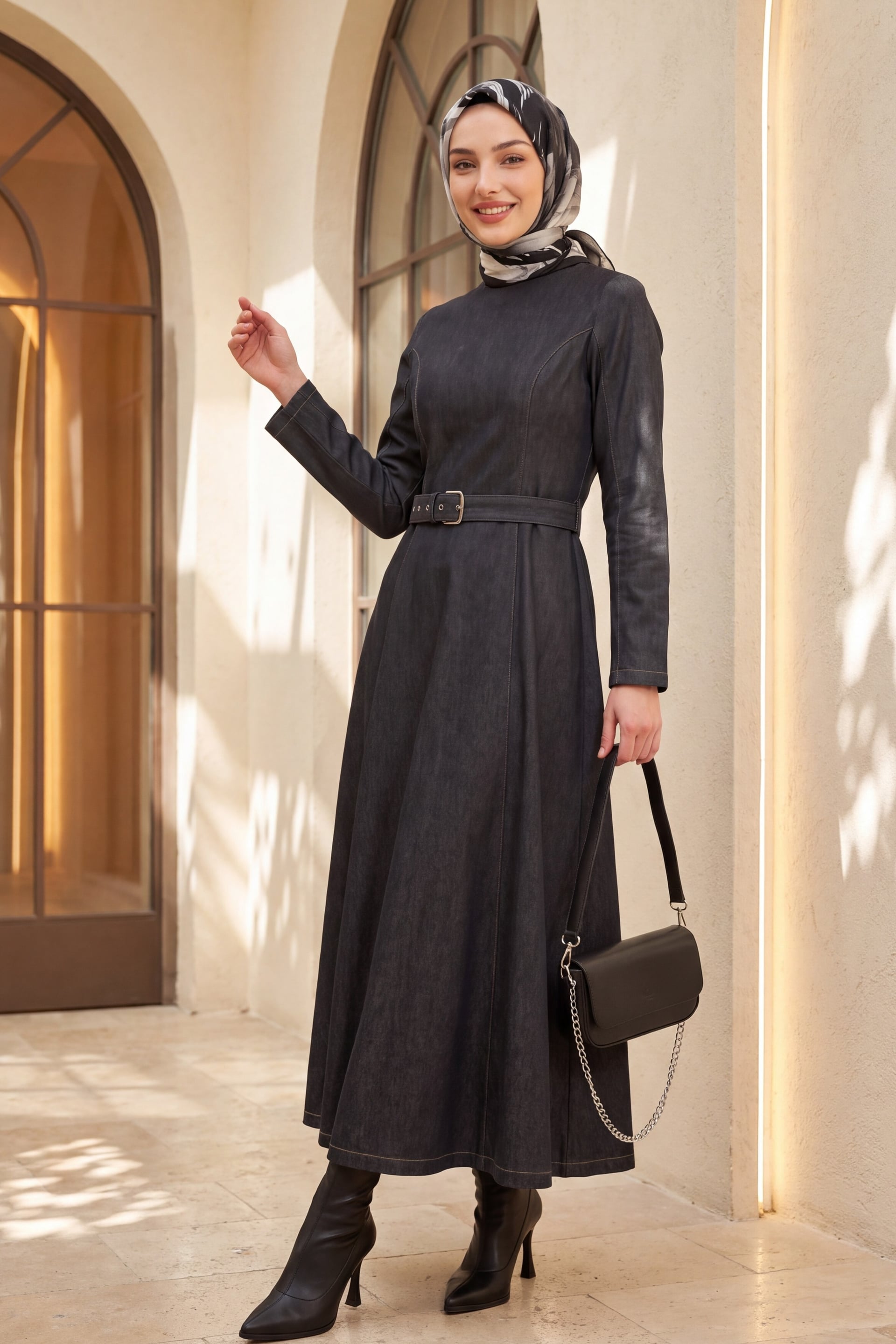 Flared Skirt Zip Belted Denim Dress - Anthracite - Podyumplus - by Peralane - photo 3