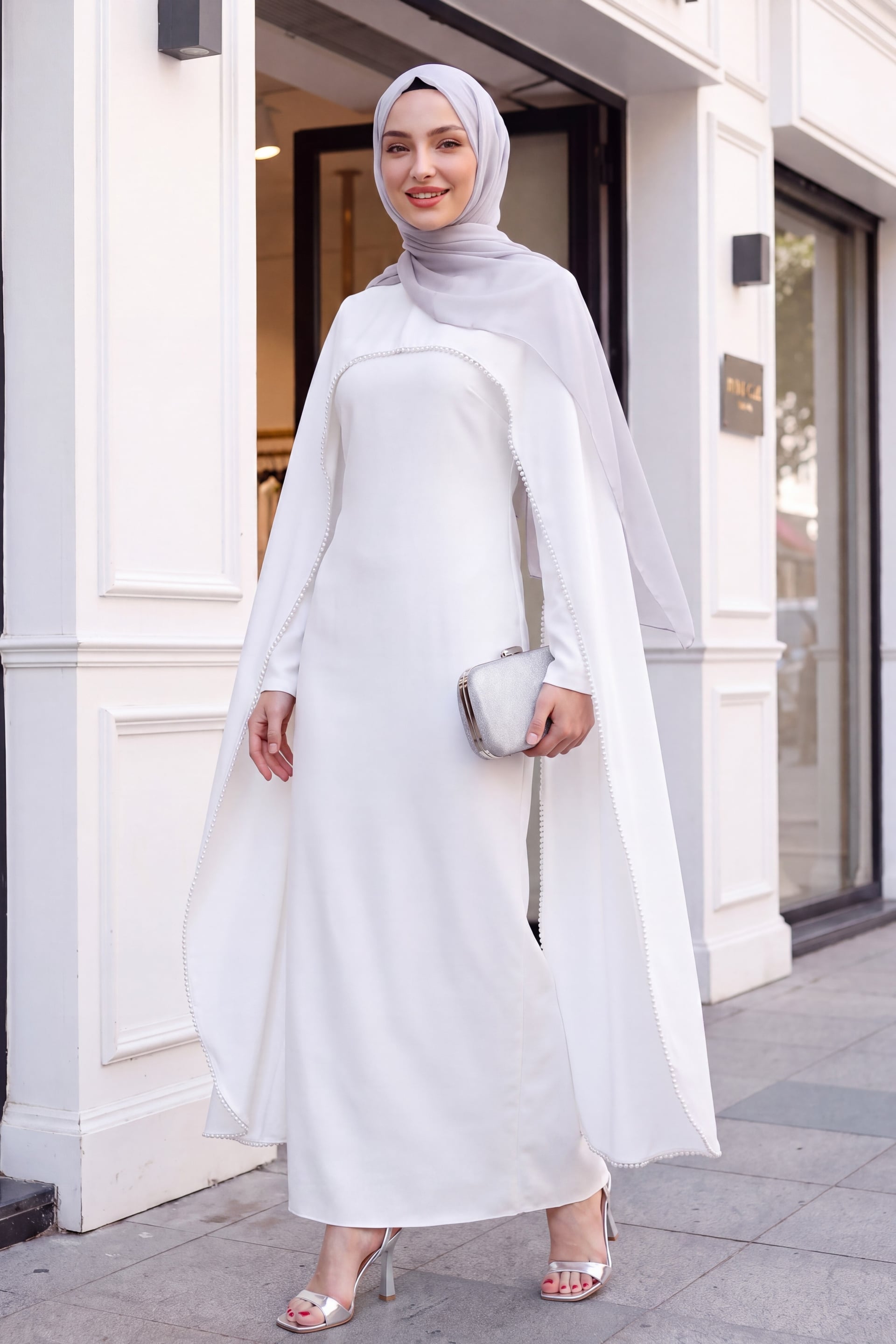 Pearl Detail Detachable Cape Spanish Sleeve Lined Crepe Abaya Dress - White - Podyumplus - by Peralane