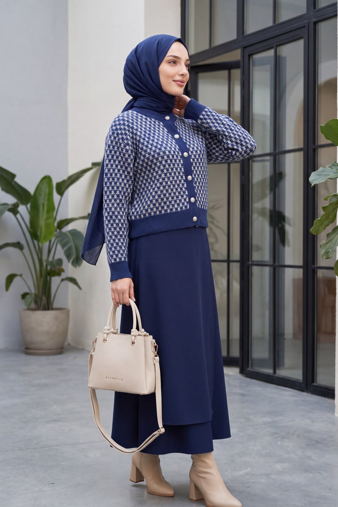 Round Neck Buttoned Patterned Knit Cardigan - Indigo - Podyumplus - by Peralane - photo 4