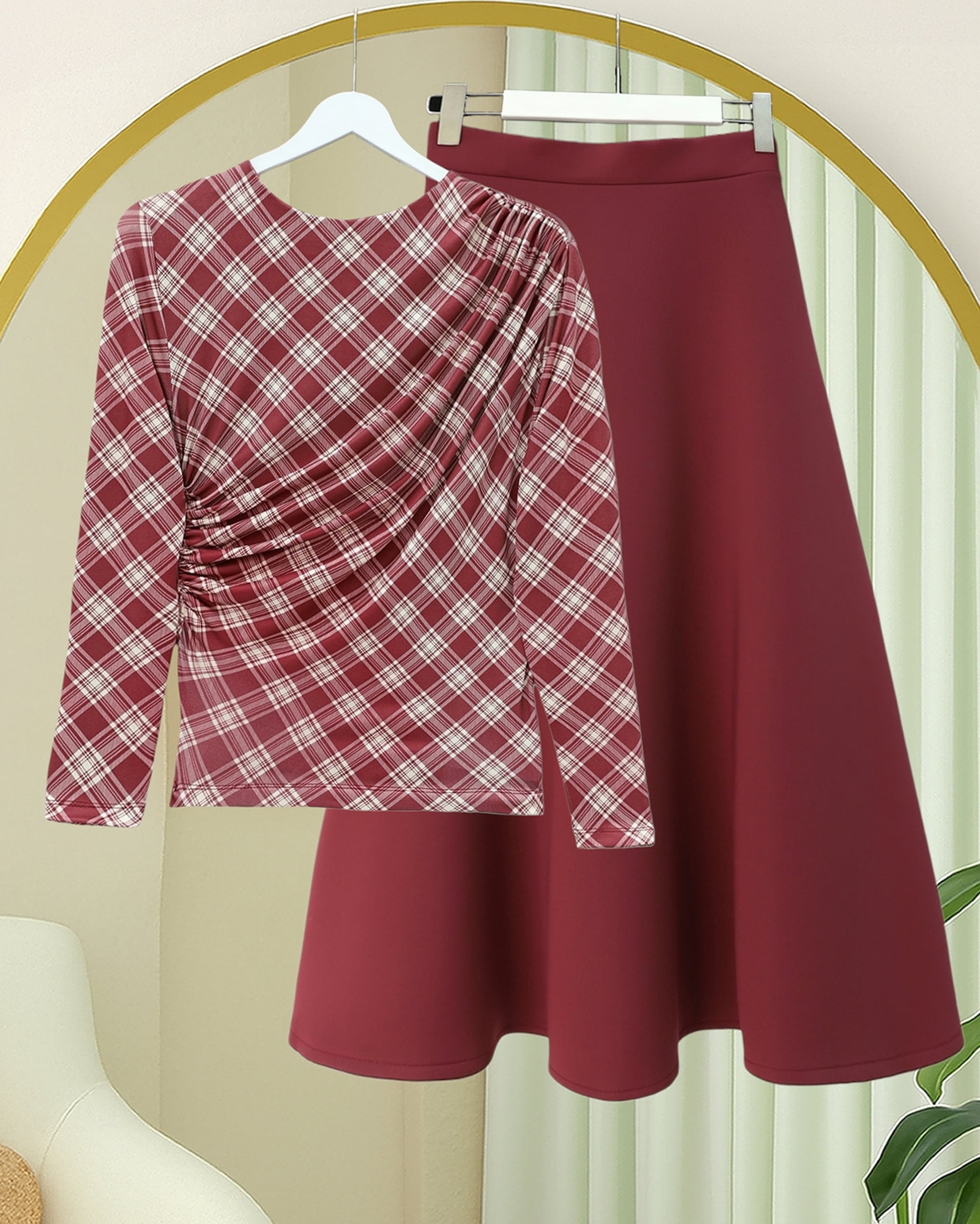 Burgundy Plaid Side-Gathered Blouse - Podyumplus - by Peralane - photo 3