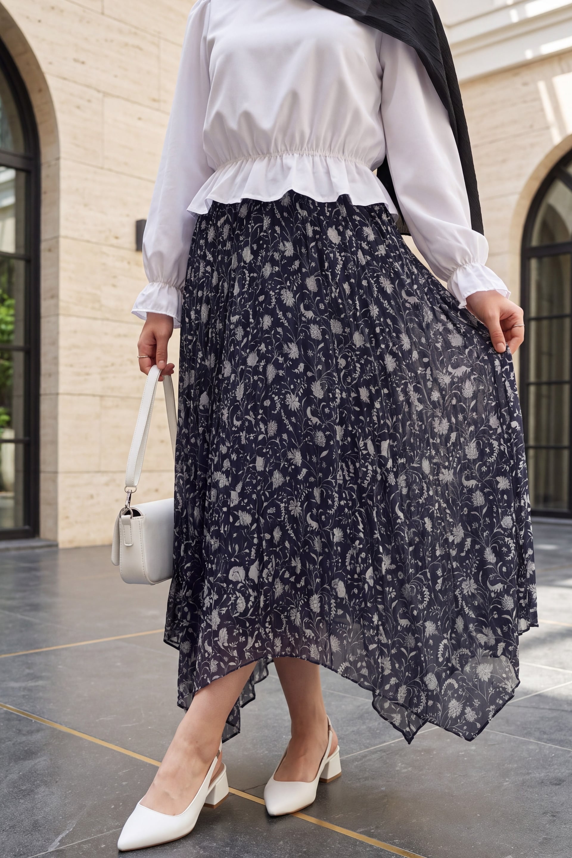 Navy Blue Mixed Print Elasticated Waist Asymmetric Lined Tulle Skirt - Podyumplus - by Peralane