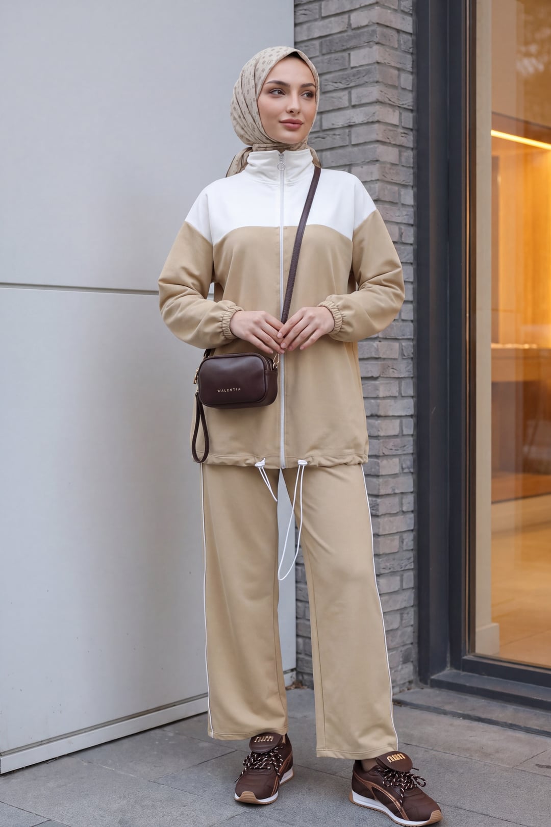 Two-Piece Zip-Up Tracksuit with Drawstring Hem and Piped Trousers - Beige (Vizon) - Podyumplus - by Peralane - photo 3