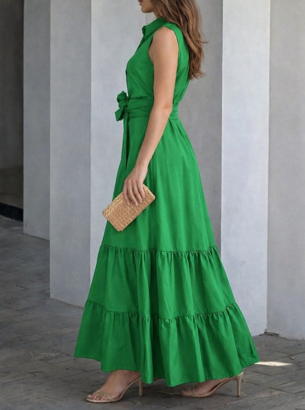 Women's Sleeveless Collared Button-Front Maxi Dress with Tie Waist - Janes - by Peralane - photo 2
