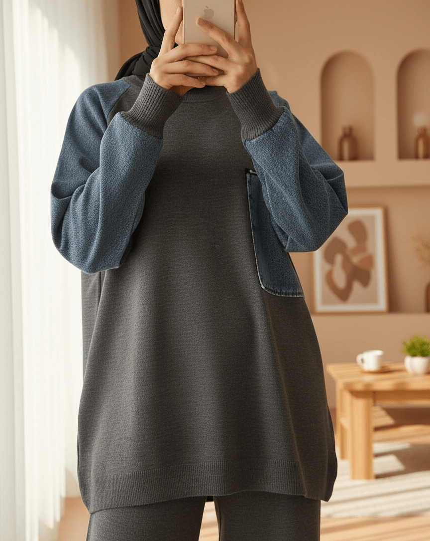 Elasticated Waist Knit Loungewear Set with Denim Details - Charcoal Grey - Podyumplus - by Peralane - photo 2