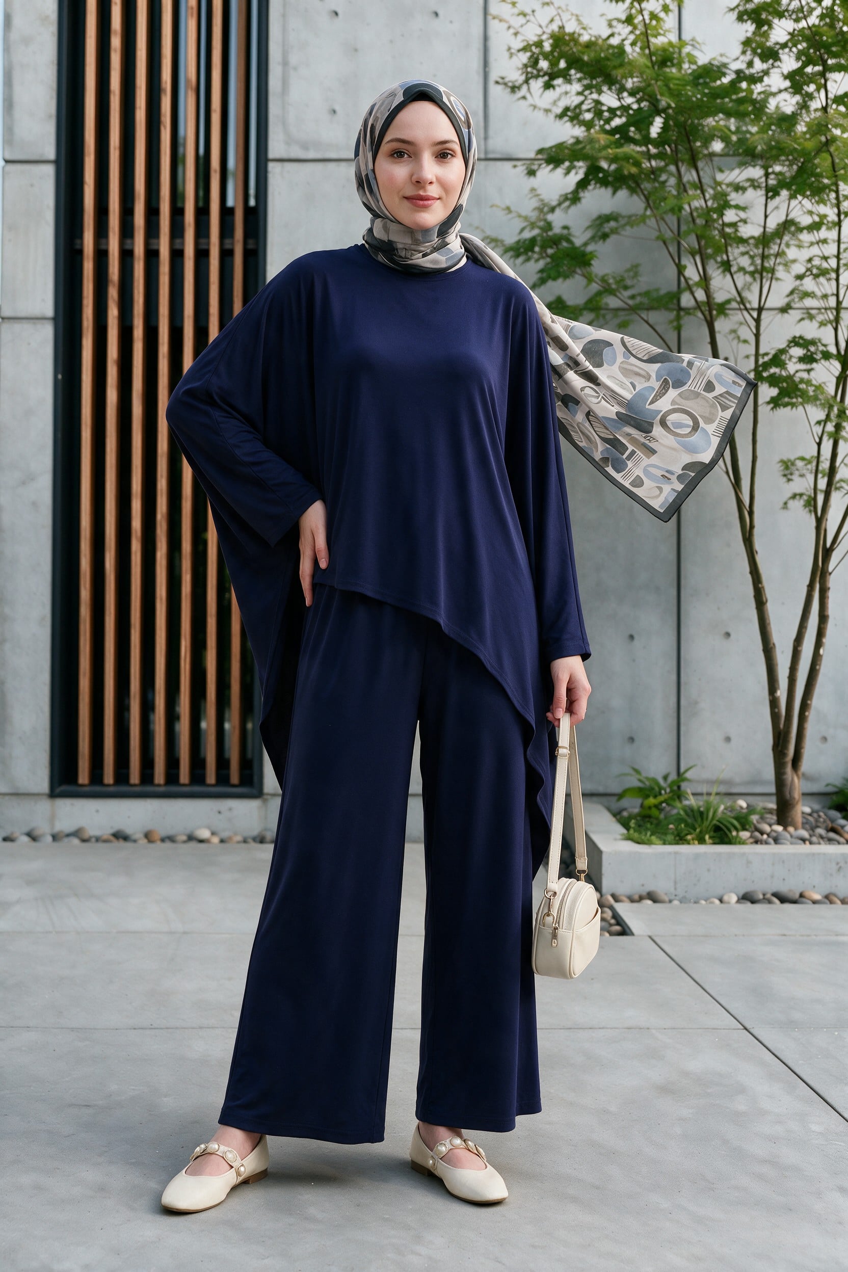 Navy Blue Asymmetric Cut Tunic and Trousers Viscose Modest Co-ord Set - Podyumplus - by Peralane