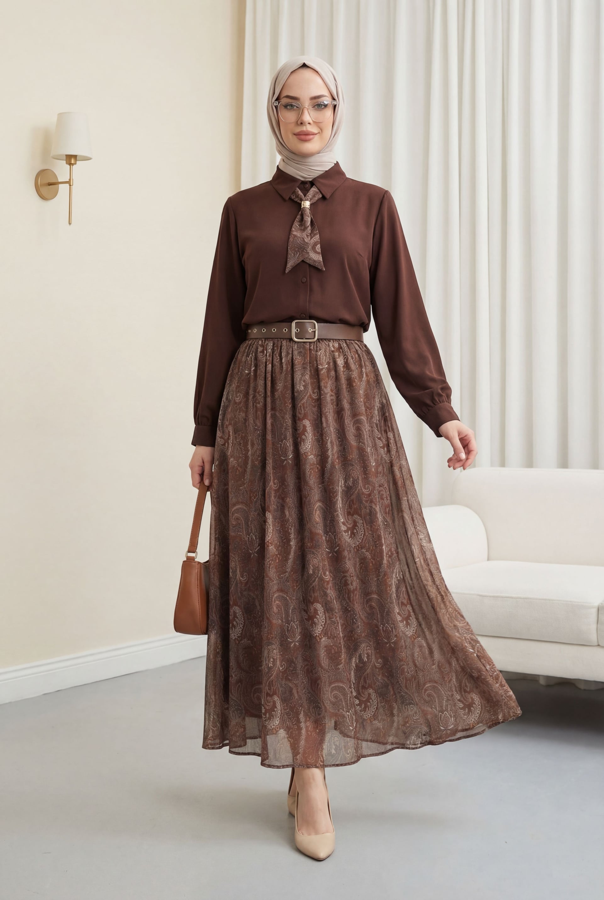 Belted Scarf Detail Lined Skirt Chiffon Two-Piece Set - Dark Brown - Podyumplus - by Peralane - photo 3