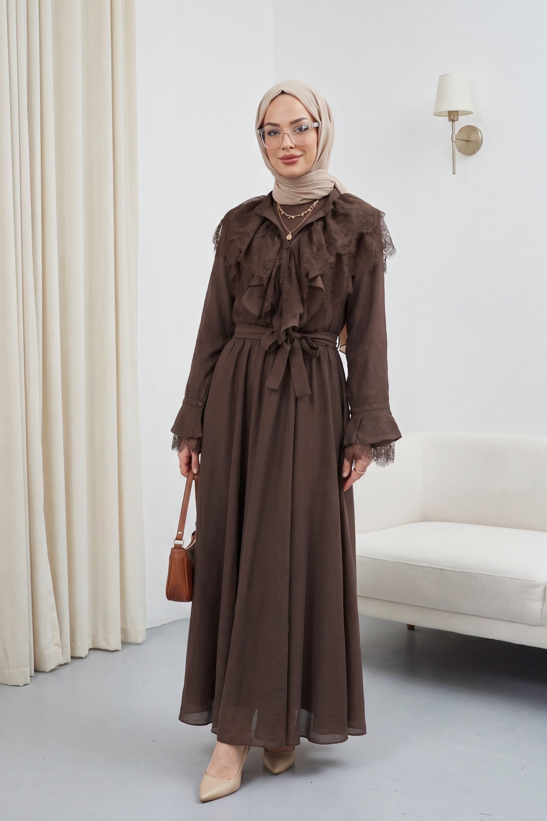 Women's Belted Half-Button Ruffled Cupra Dress - Dark Brown - Podyumplus - by Peralane