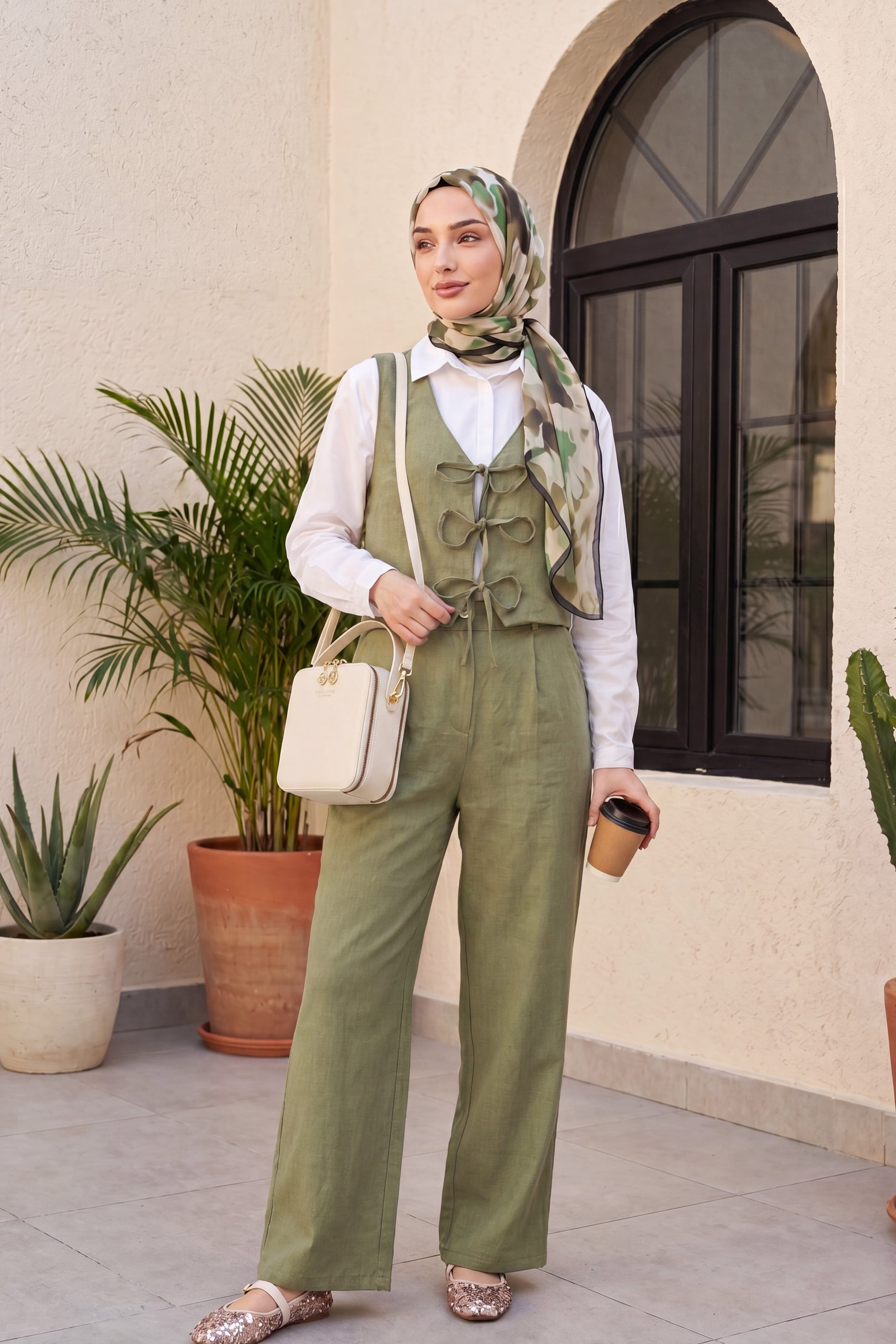 Lace-Front Vest and Wide-Leg Trousers Two-Piece Linen Look Set - Khaki - Podyumplus - by Peralane