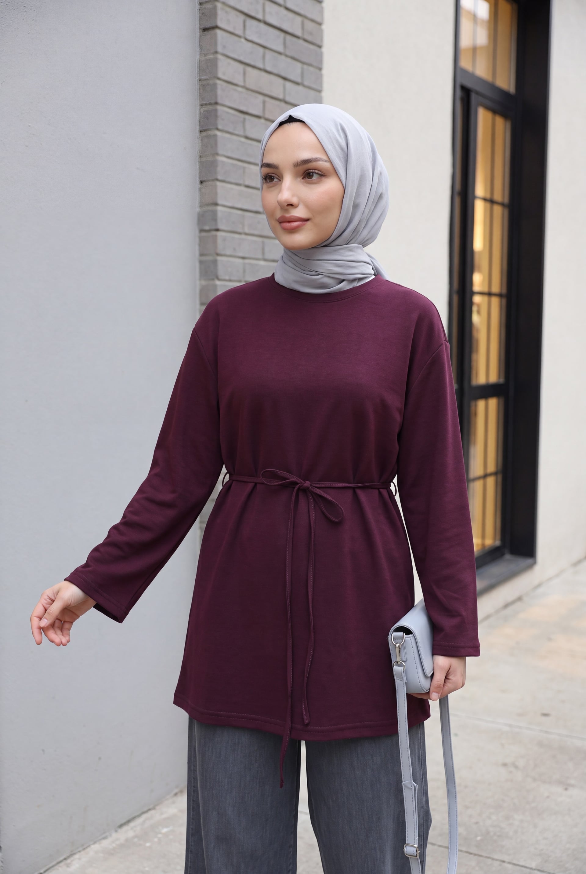 Plum Round Neck Self-Tie Waist Tunic - Podyumplus - by Peralane - photo 4