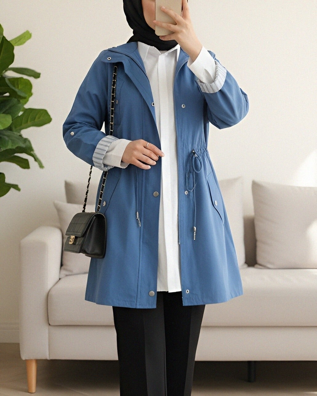 Foldable Sleeve Drawstring Waist Mid-Length Trench Coat in Indigo - Podyumplus - by Peralane - photo 2