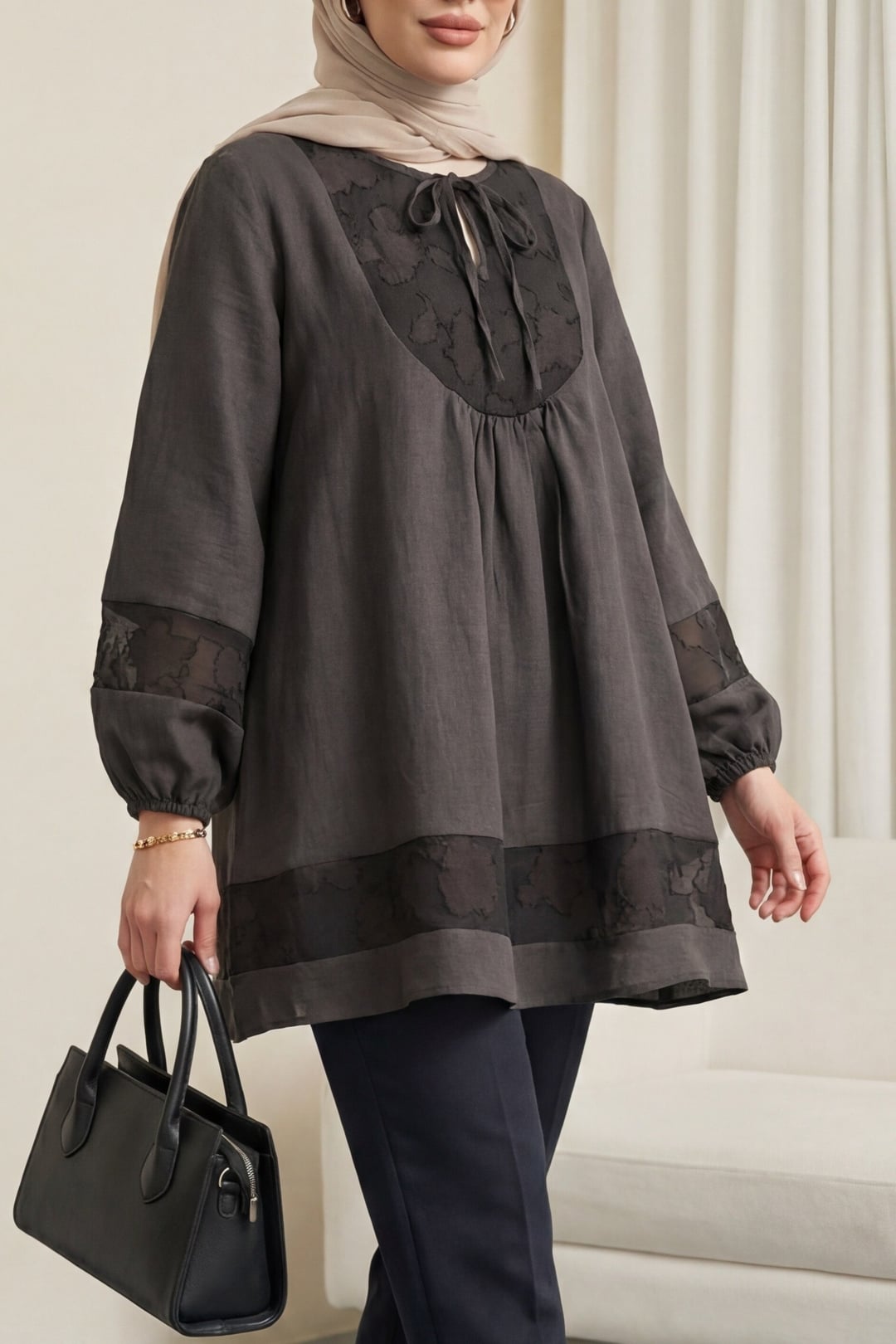 Tie-Front Lace-Trimmed Modal Tunic in Dark Coffee - Podyumplus - by Peralane