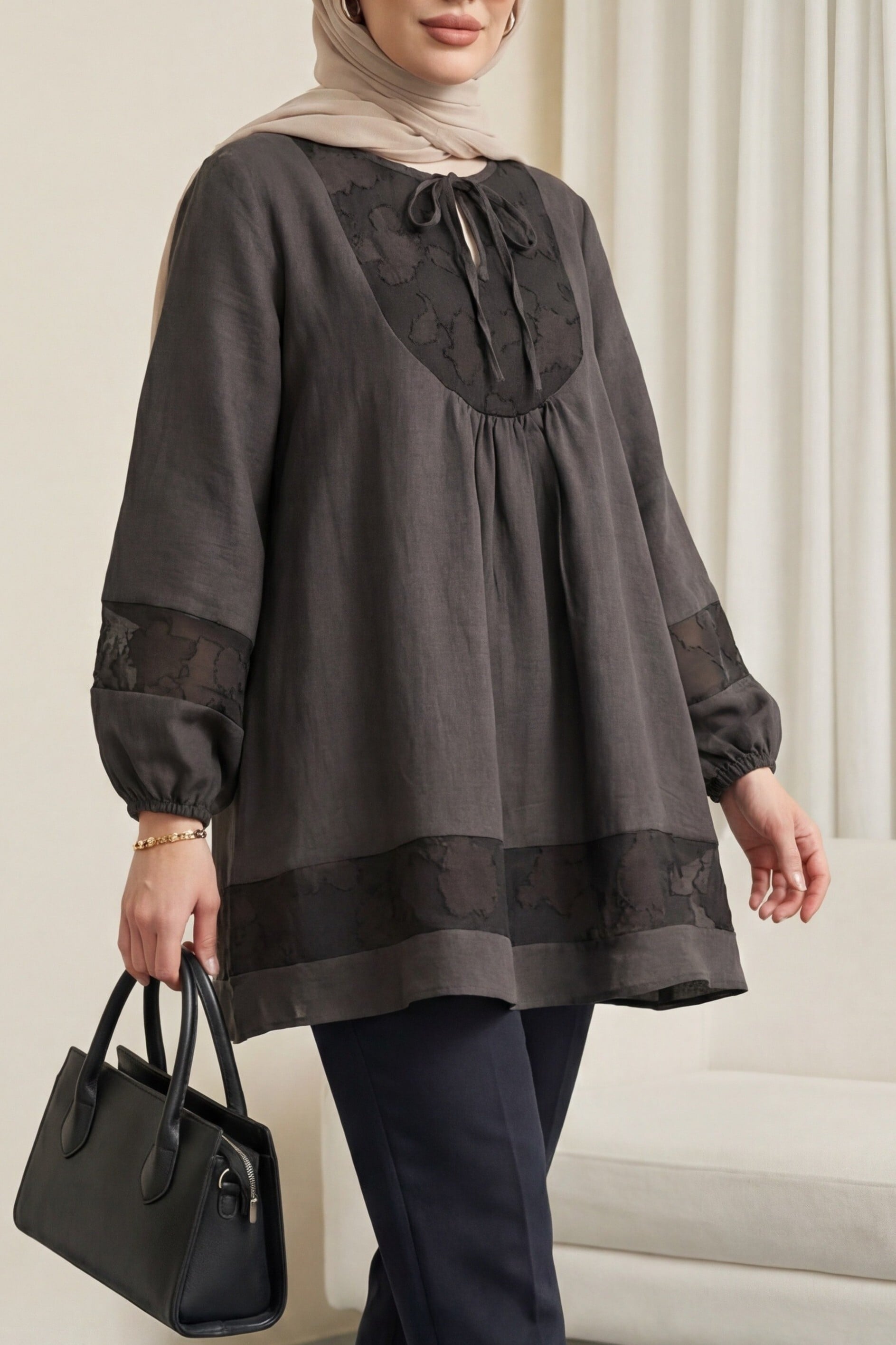 Tie-Front Lace-Trimmed Modal Tunic in Dark Coffee - Podyumplus - by Peralane