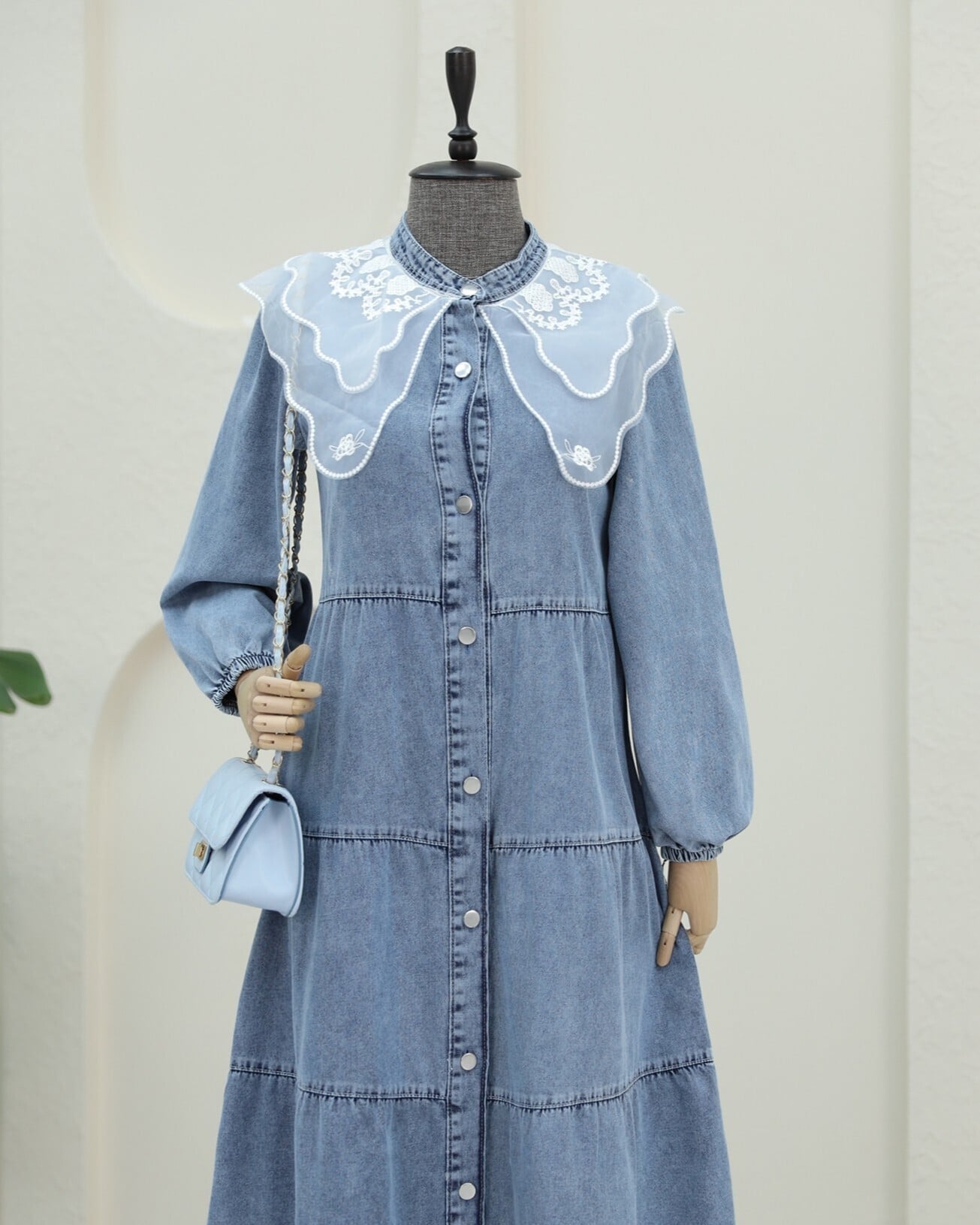 Women's Light Blue Denim Maxi Dress with Organza Collar Detail - Podyumplus - by Peralane - photo 5