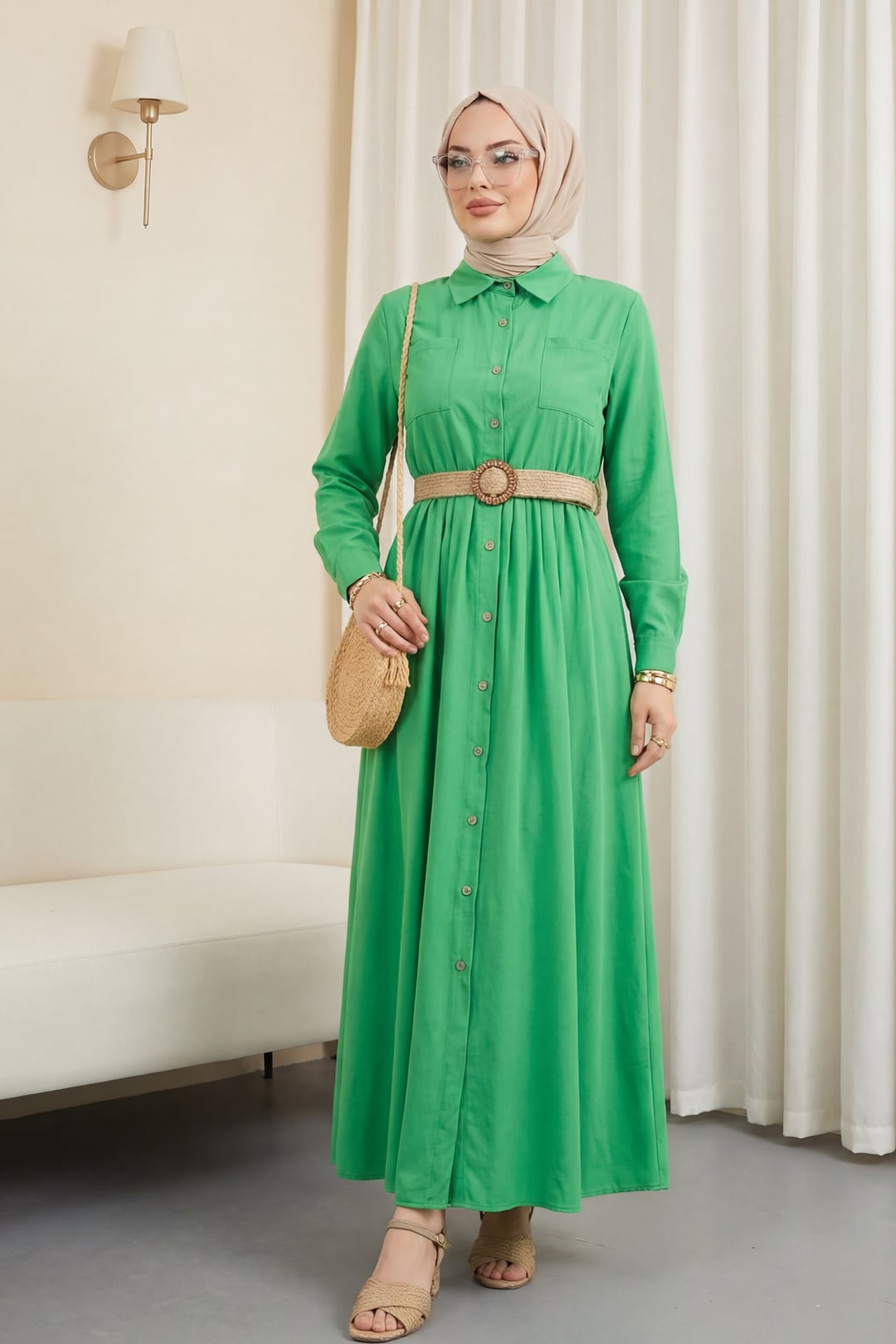 Green Button-Front Belted Shirt Dress for Women - Podyumplus - by Peralane