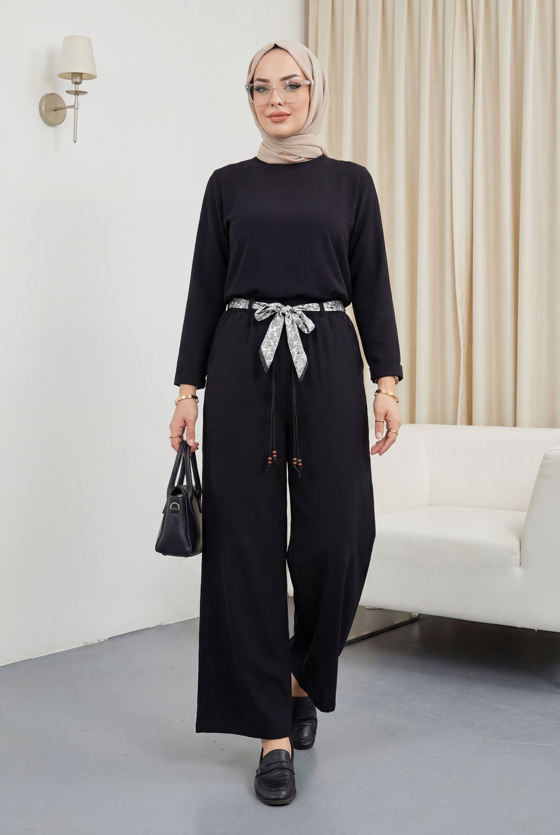 Wide-Leg Elastic Waist Belted Pocket Linen Look Trousers - Black - Podyumplus - by Peralane - photo 4
