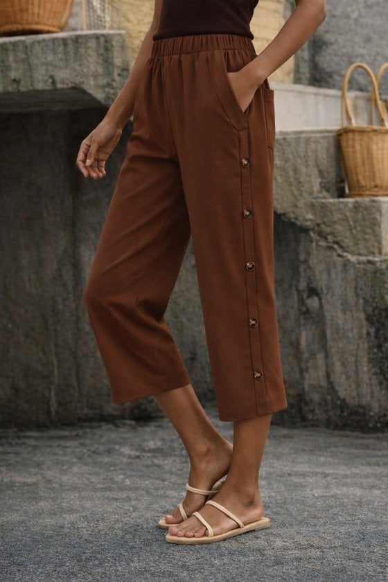 Women's High-Waist Elasticated Midi Trousers with Side Button Detail - Brown - Janes - by Peralane - photo 2