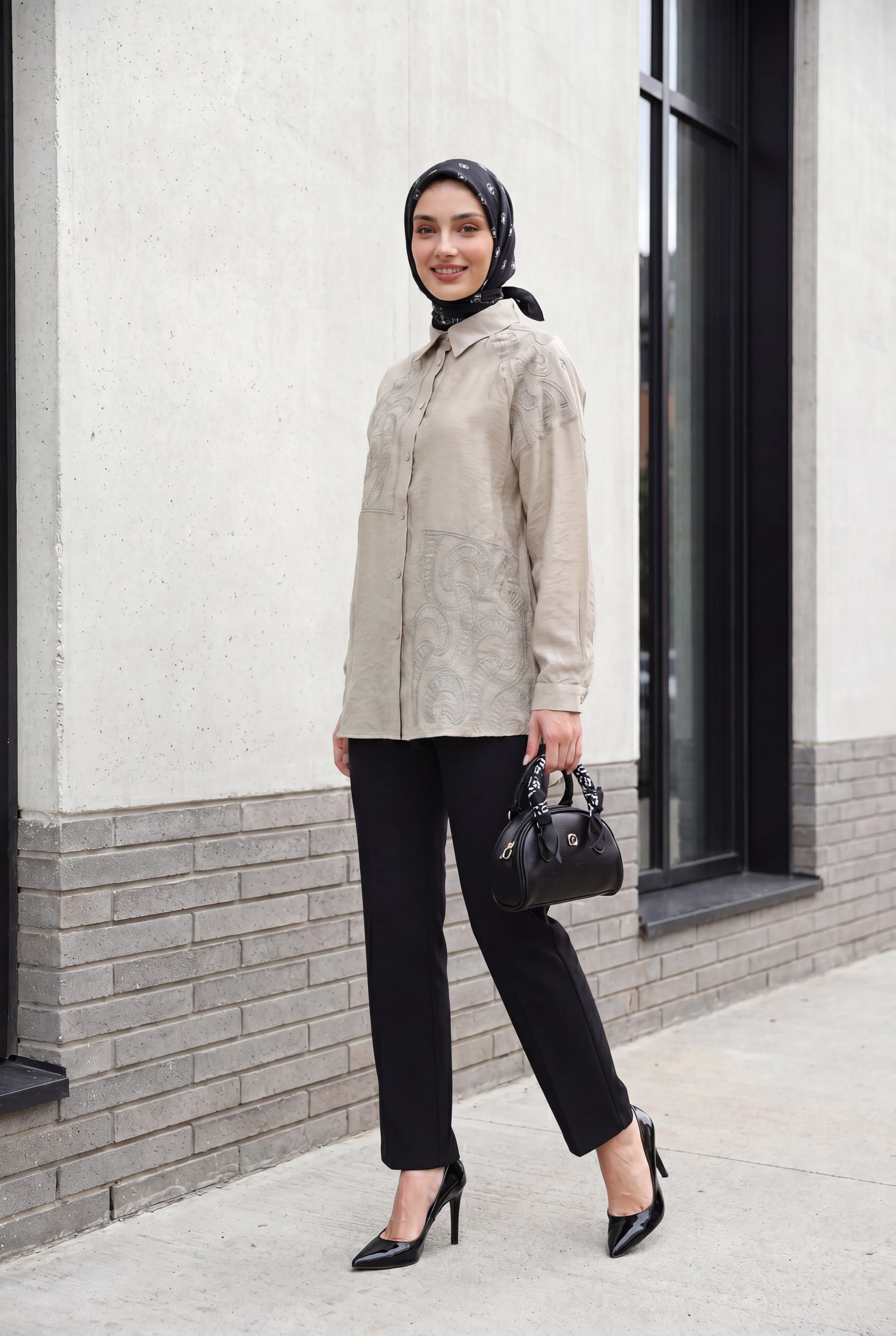 Asymmetric Embroidered Buttoned Tulle Voile Tunic - Grey - Podyumplus - by Peralane - photo 2