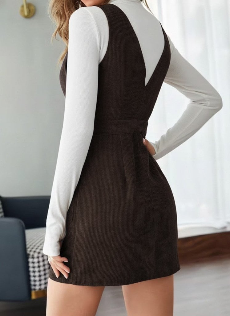 Women's Corduroy Pinafore Dress with V-Neckline and Button Front - Janes - by Peralane - photo 3
