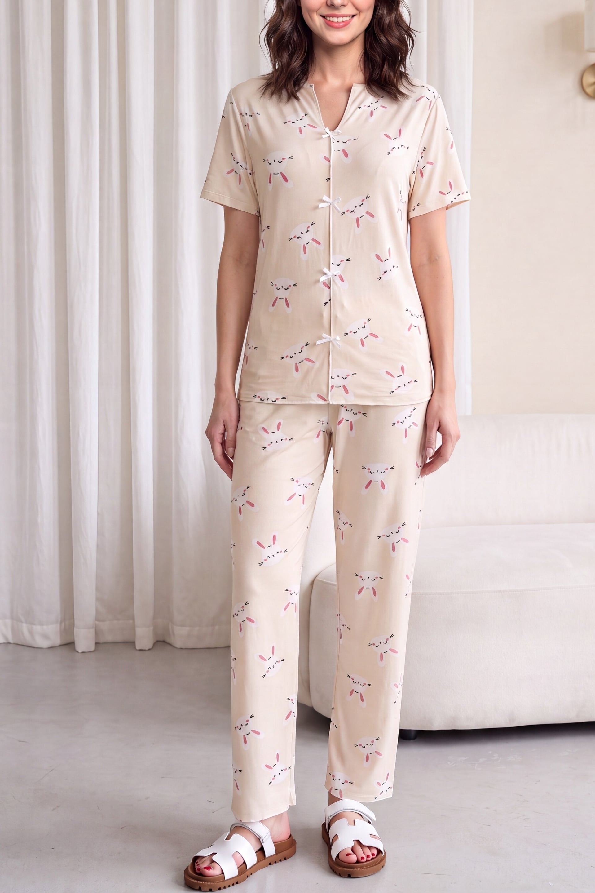 Women's Cream Bunny Print V-Neck Tie-Front Short-Sleeve Jersey Pajama Set - Podyumplus - by Peralane - photo 3