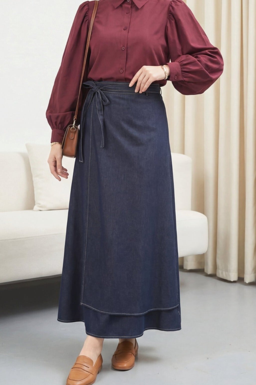 Women's Dark Navy Double Layer Side Lace Denim Skirt with Zipper - Podyumplus - by Peralane