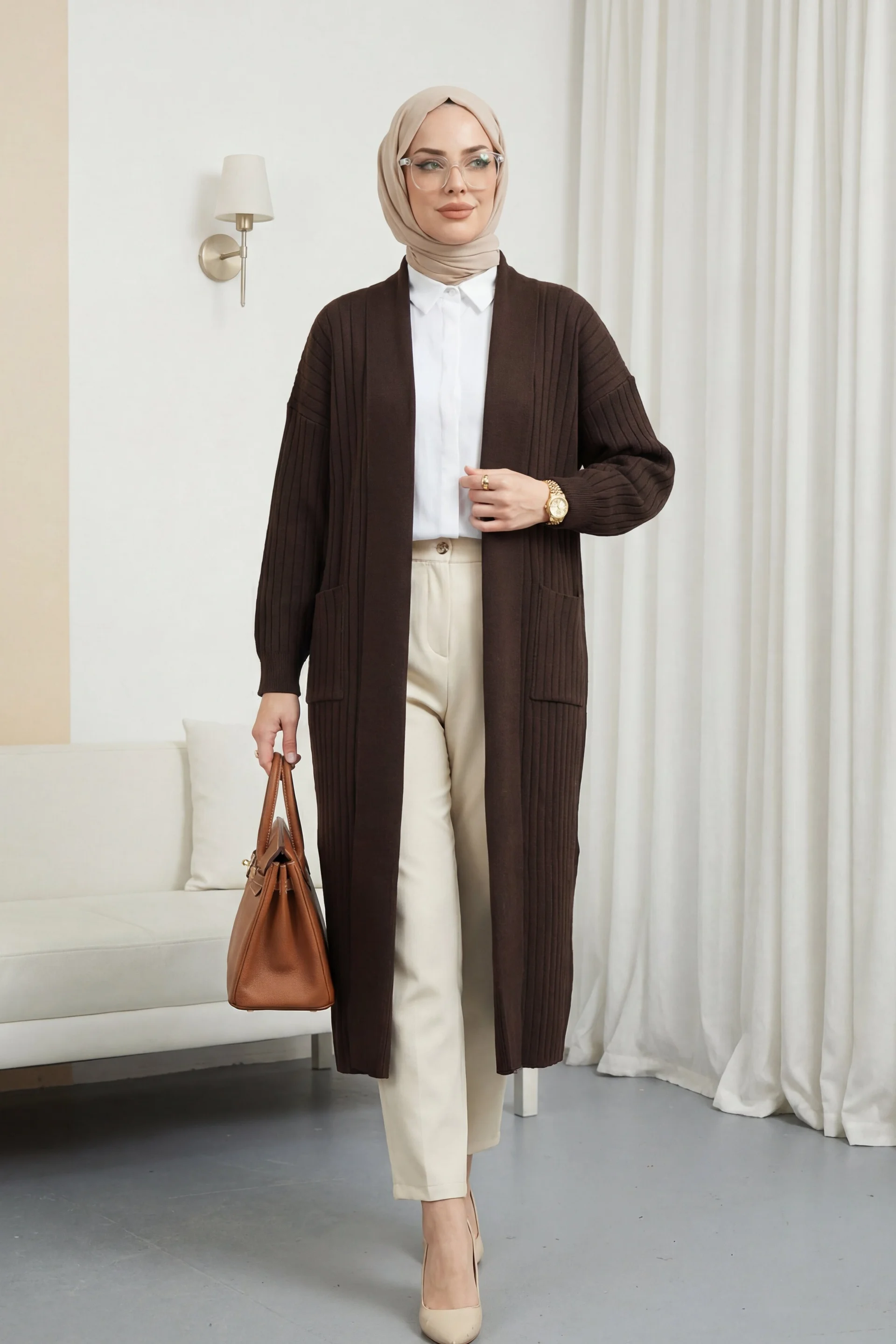 Ribbed Long Cardigan with Button Details - Brown - Podyumplus - by Peralane