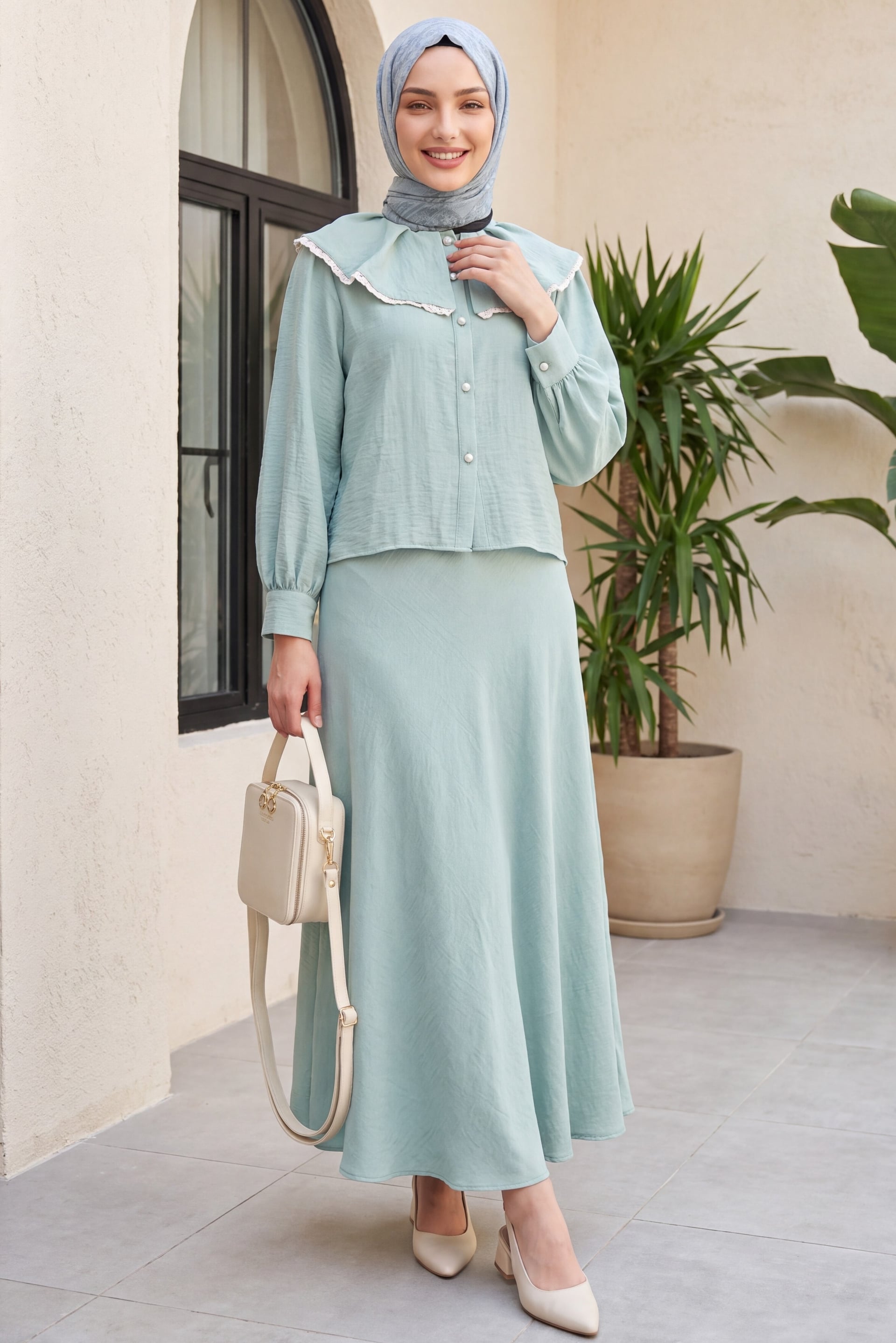 Lace Trimmed Lettuce Edge Pure Linen Look Skirt Suit - Mint Green - Podyumplus - by Peralane - photo 3
