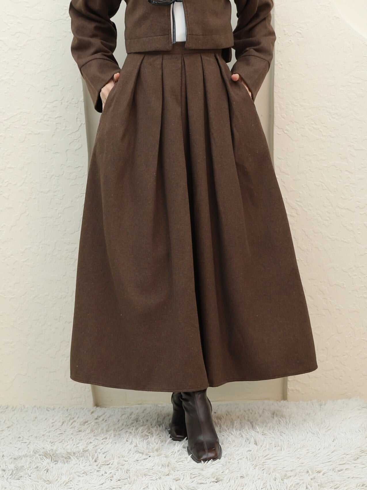 Pleated Wool Blend Skirt with Back Zipper - Brown - Podyumplus - by Peralane - photo 2