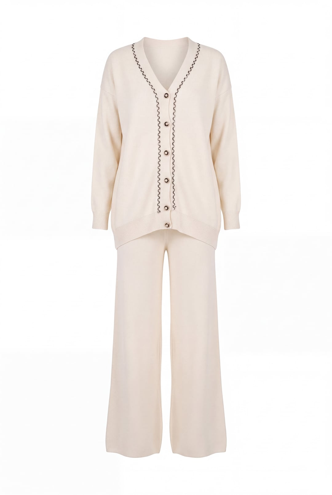 Women's Knit Cardigan and Wide-Leg Trousers Two-Piece Set 15956 - Ecru - Bigdart - by Peralane