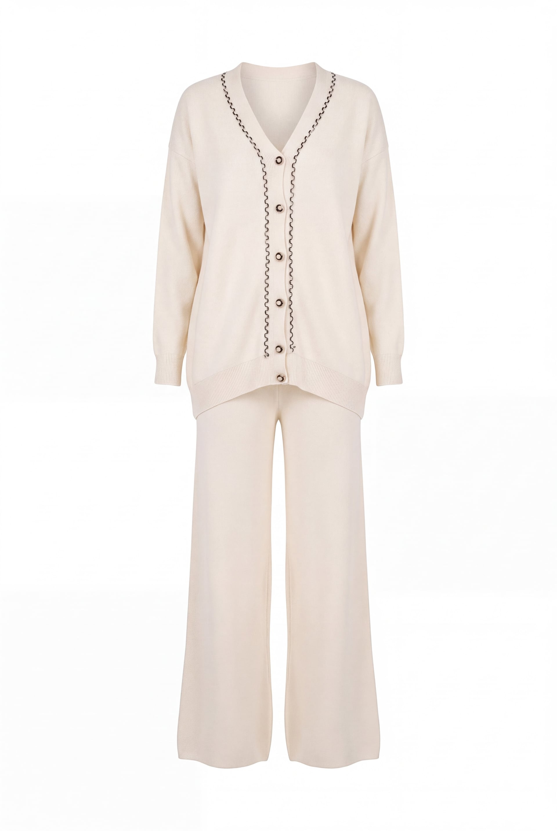 Women's Knit Cardigan and Wide-Leg Trousers Two-Piece Set 15956 - Ecru - Bigdart - by Peralane