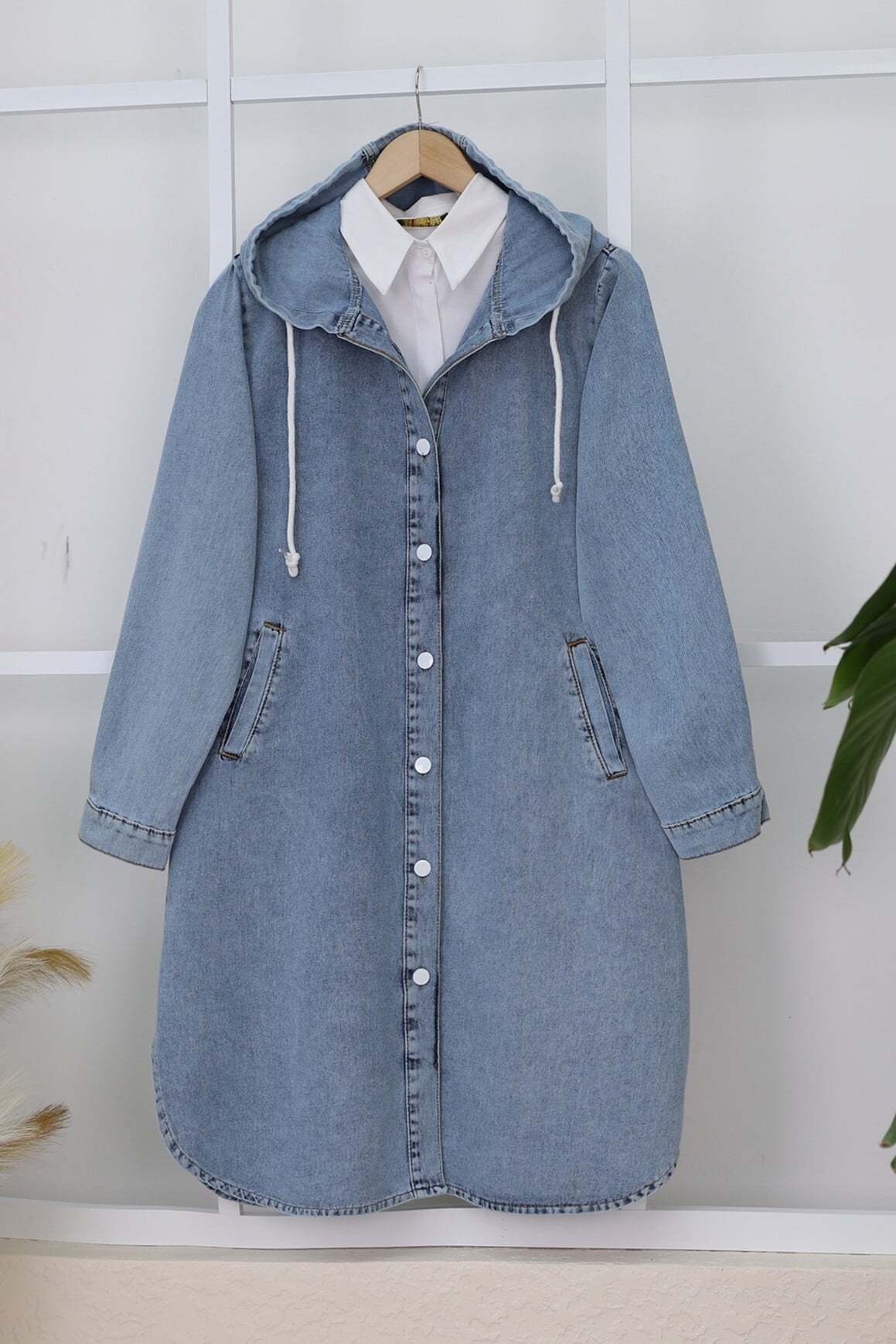 Hooded Buttoned Denim Tunic - Ice Blue - Podyumplus - by Peralane - photo 6