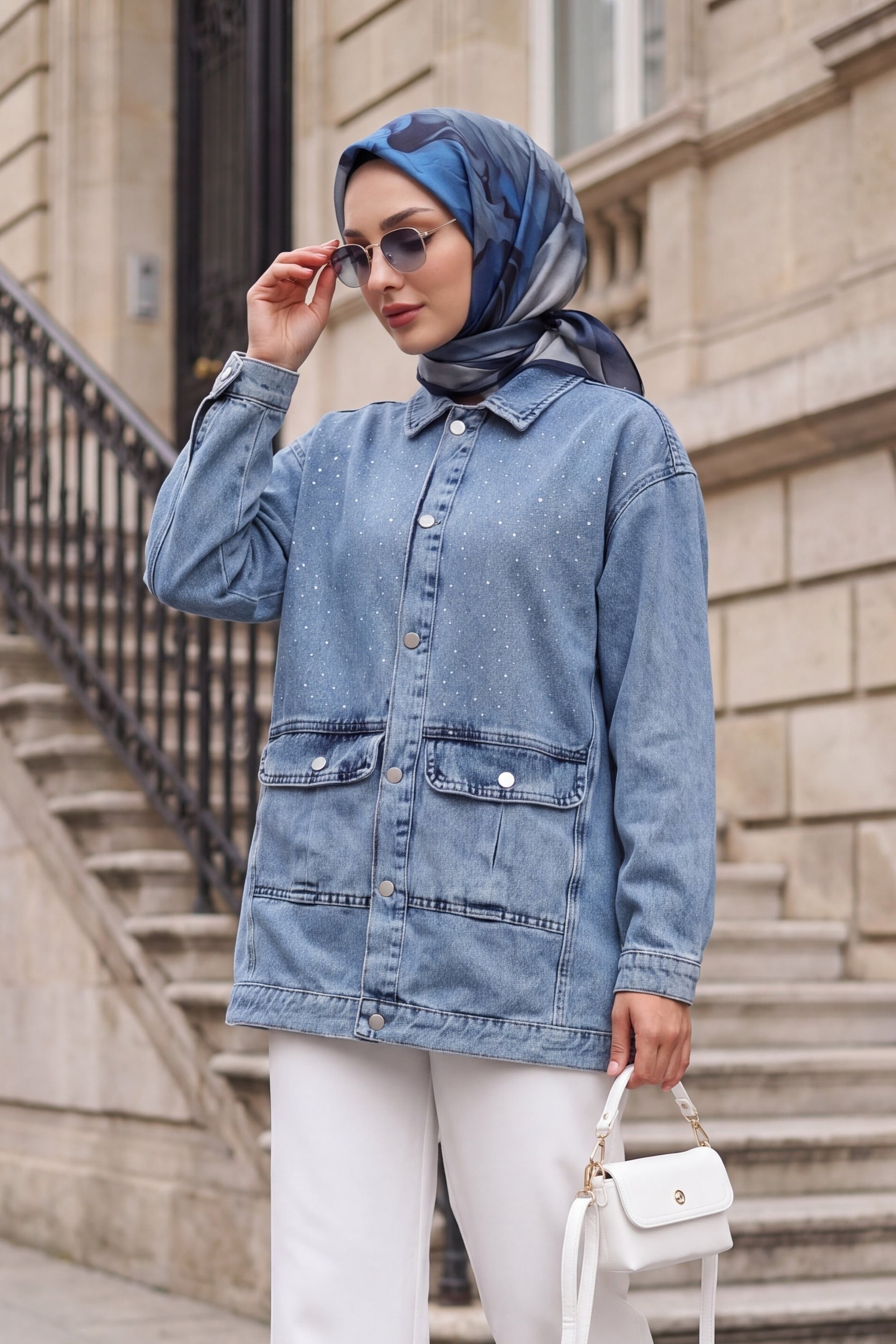 Light Blue Denim Jacket with Rhinestone Details and Flap Pockets - Podyumplus - by Peralane