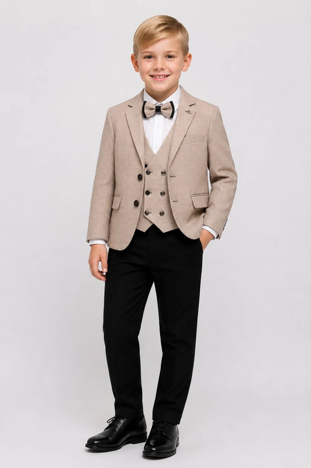 Boys' Casual Linen Suit in Beige - Jacket, Vest, Trousers, Shirt, and Bow Tie (Pack of 4) - Terry - by Peralane