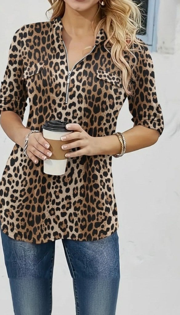 Women's Long Sleeve Leopard Print Quarter-Zip Blouse - Janes - by Peralane - photo 4