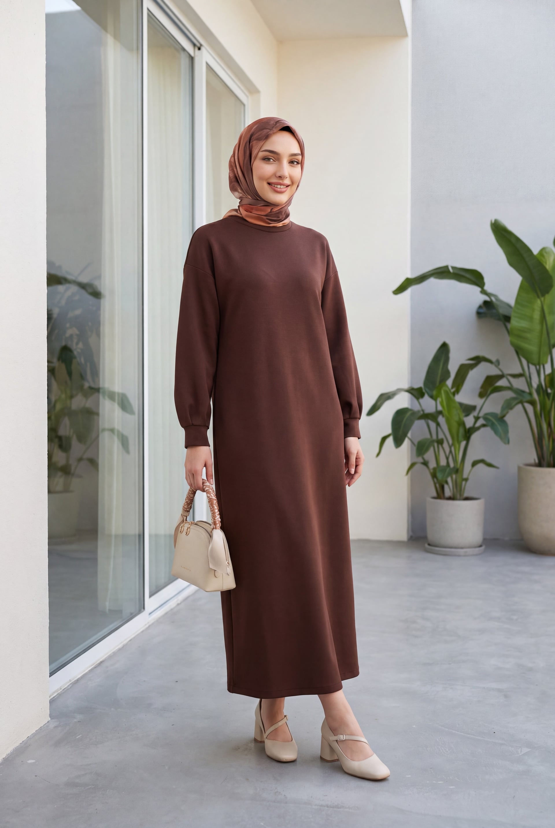 Round Neck Long Knit Dress - Brown - Podyumplus - by Peralane