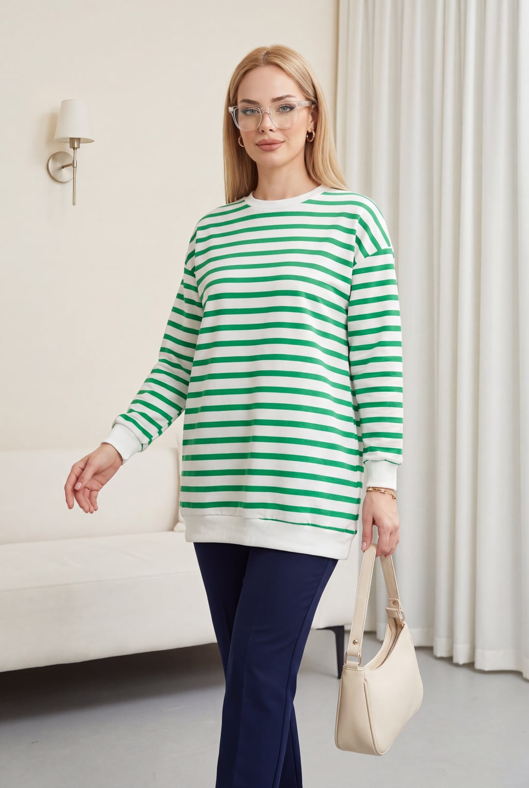 Striped Crew Neck Sweatshirt - Green - Podyumplus - by Peralane - photo 3
