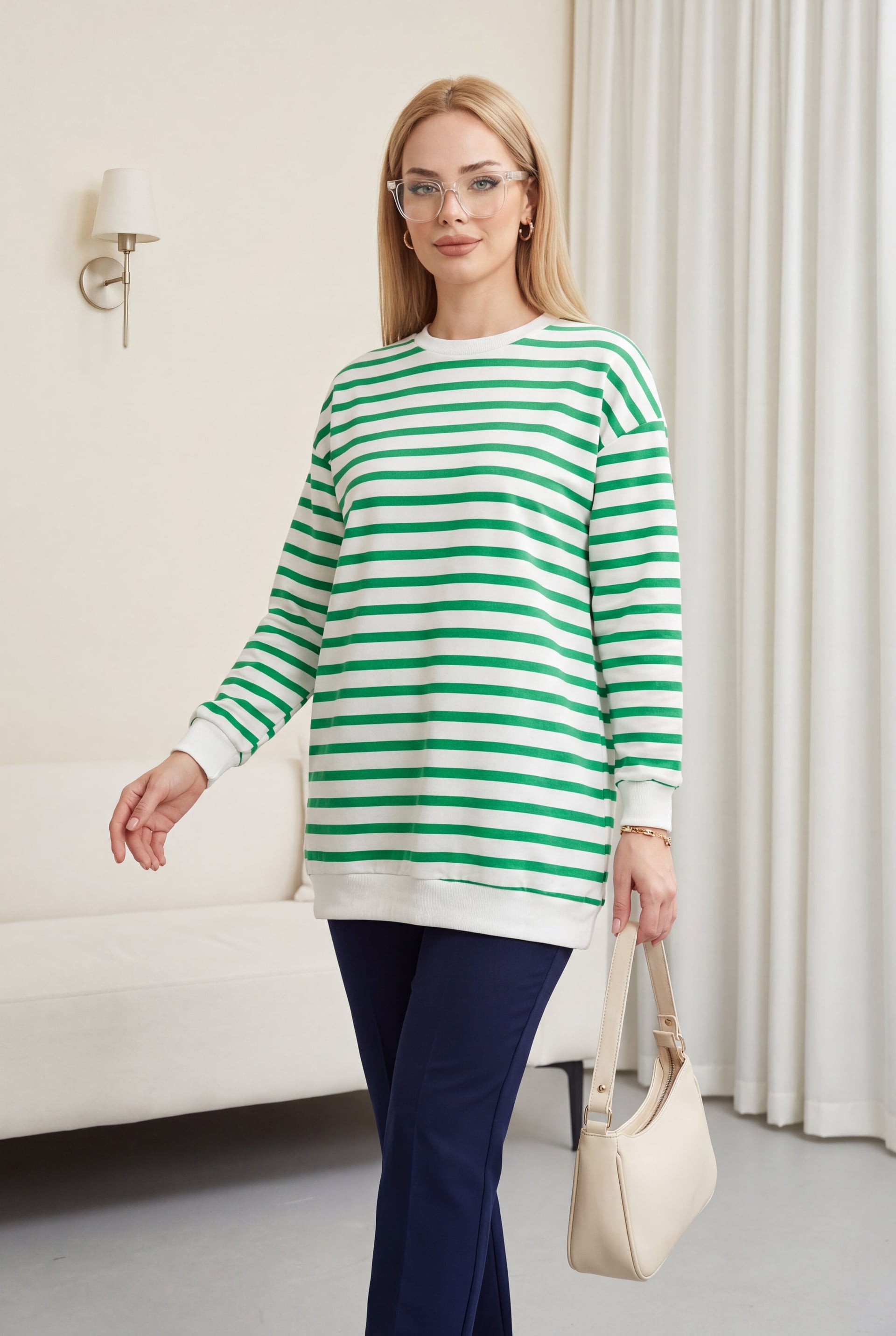 Striped Crew Neck Sweatshirt - Green - Podyumplus - by Peralane - photo 3