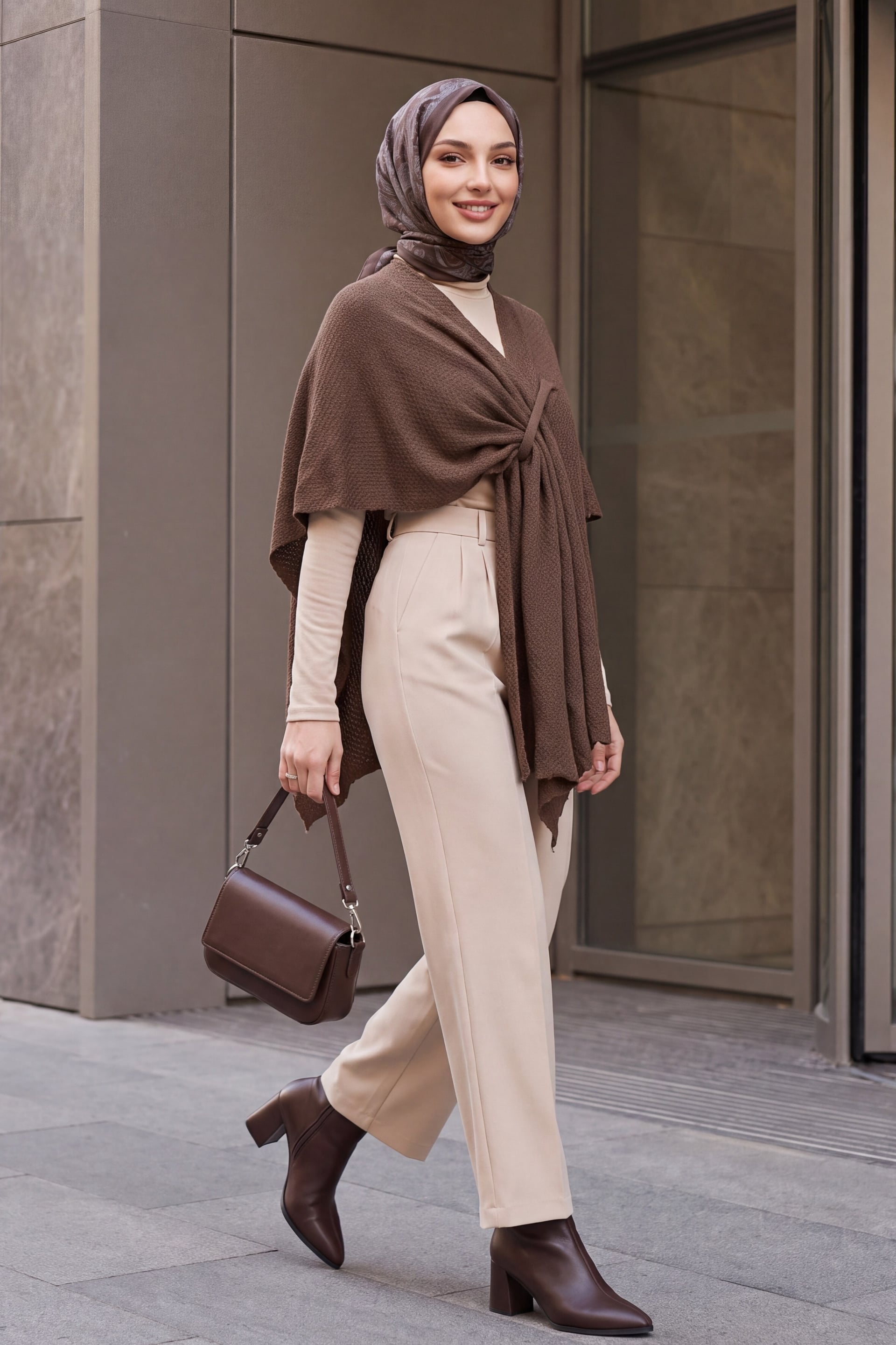 Relaxed Fit Daily Knit Poncho - Light Brown - Podyumplus - by Peralane - photo 4