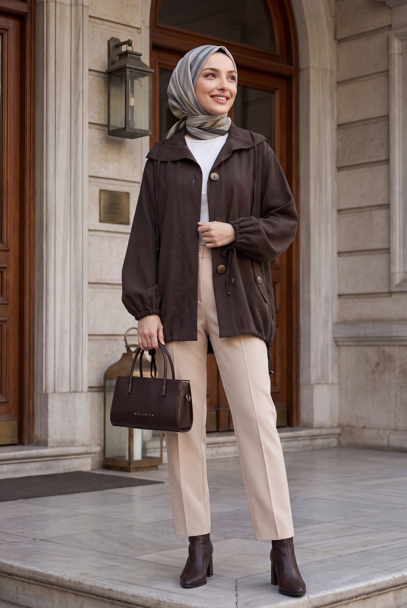 Brown Hooded Drawstring Hem Button-Front Jacket with Flap Pockets - Podyumplus - by Peralane - photo 6