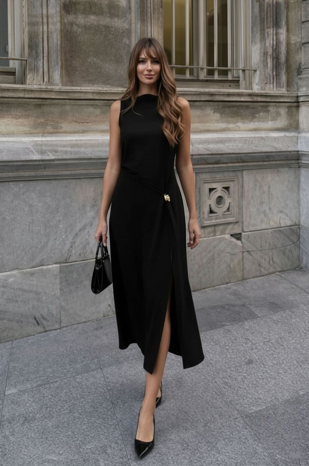 Black Sleeveless Mock Neck Midi Dress with Wrap Detail - My Bee - by Peralane