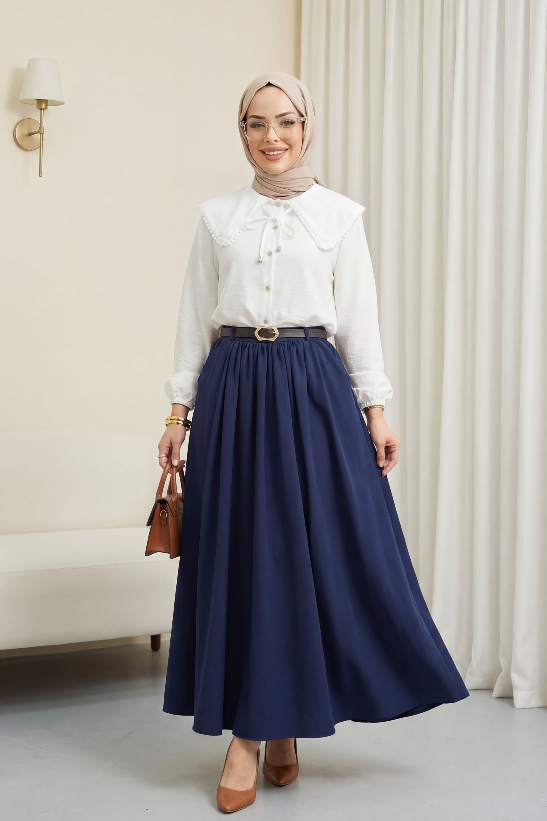 Pleated Tweed Skirt with Buckle Belt and Side Pockets - Navy - Podyumplus - by Peralane - photo 2