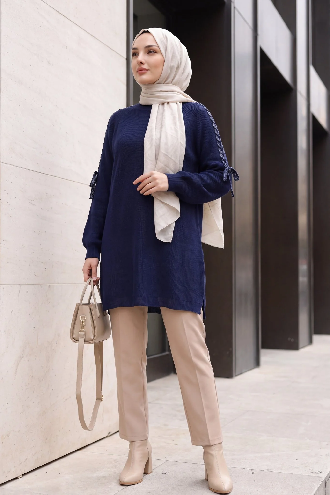 Braided Shoulder Knit Tunic - Navy - Podyumplus - by Peralane - photo 4