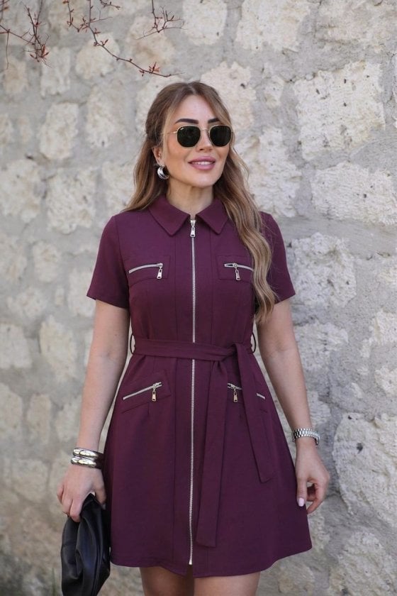 Women's Short-Sleeve Collared Zip-Front Dress with Pockets - Janes - by Peralane