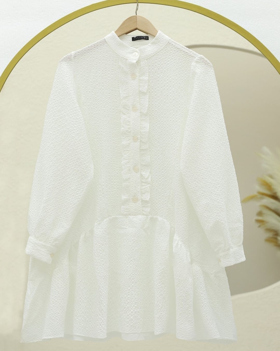 White Front-Button Ruffled Tunic - Podyumplus - by Peralane