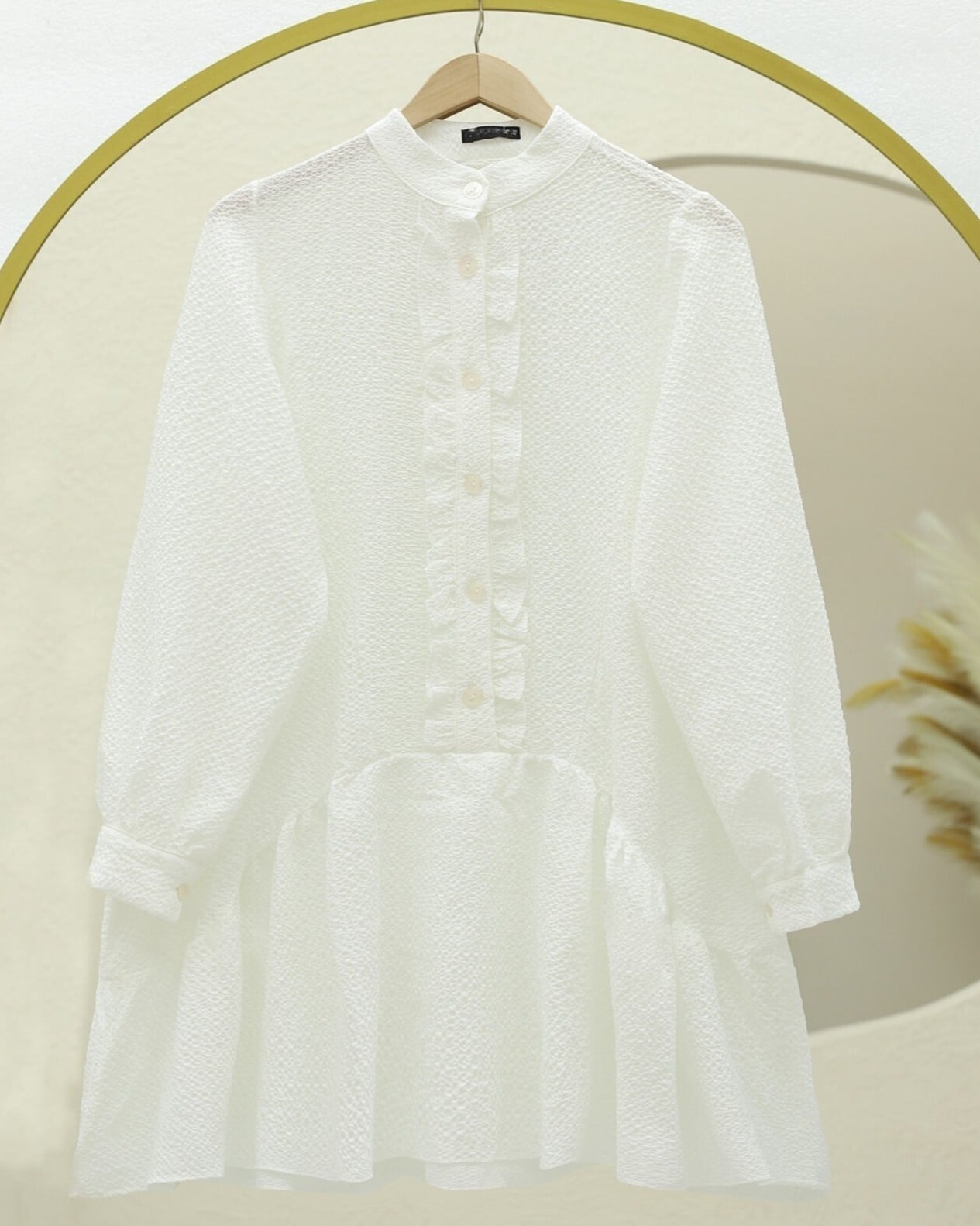 White Front-Button Ruffled Tunic - Podyumplus - by Peralane
