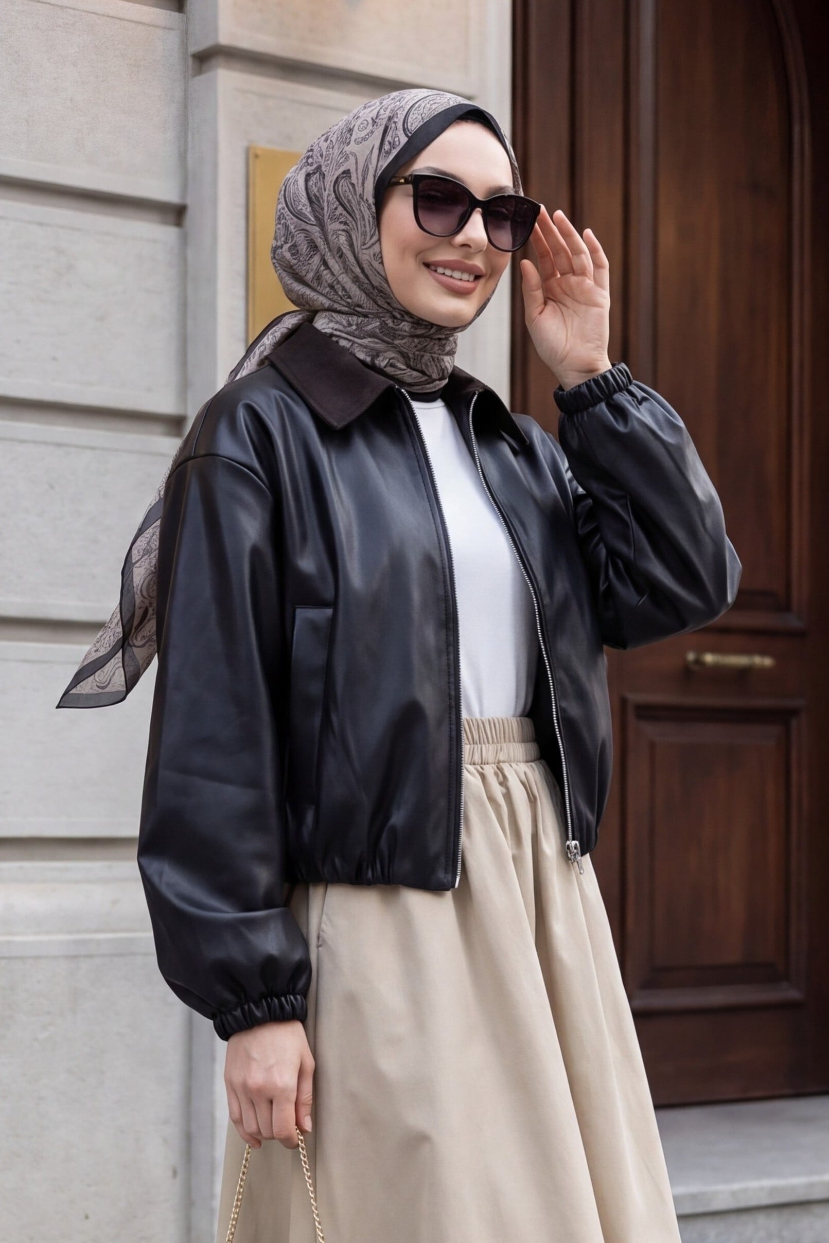 Black Faux Leather Crop Bomber Jacket with Elasticated Waist and Cuffs - Podyumplus - by Peralane