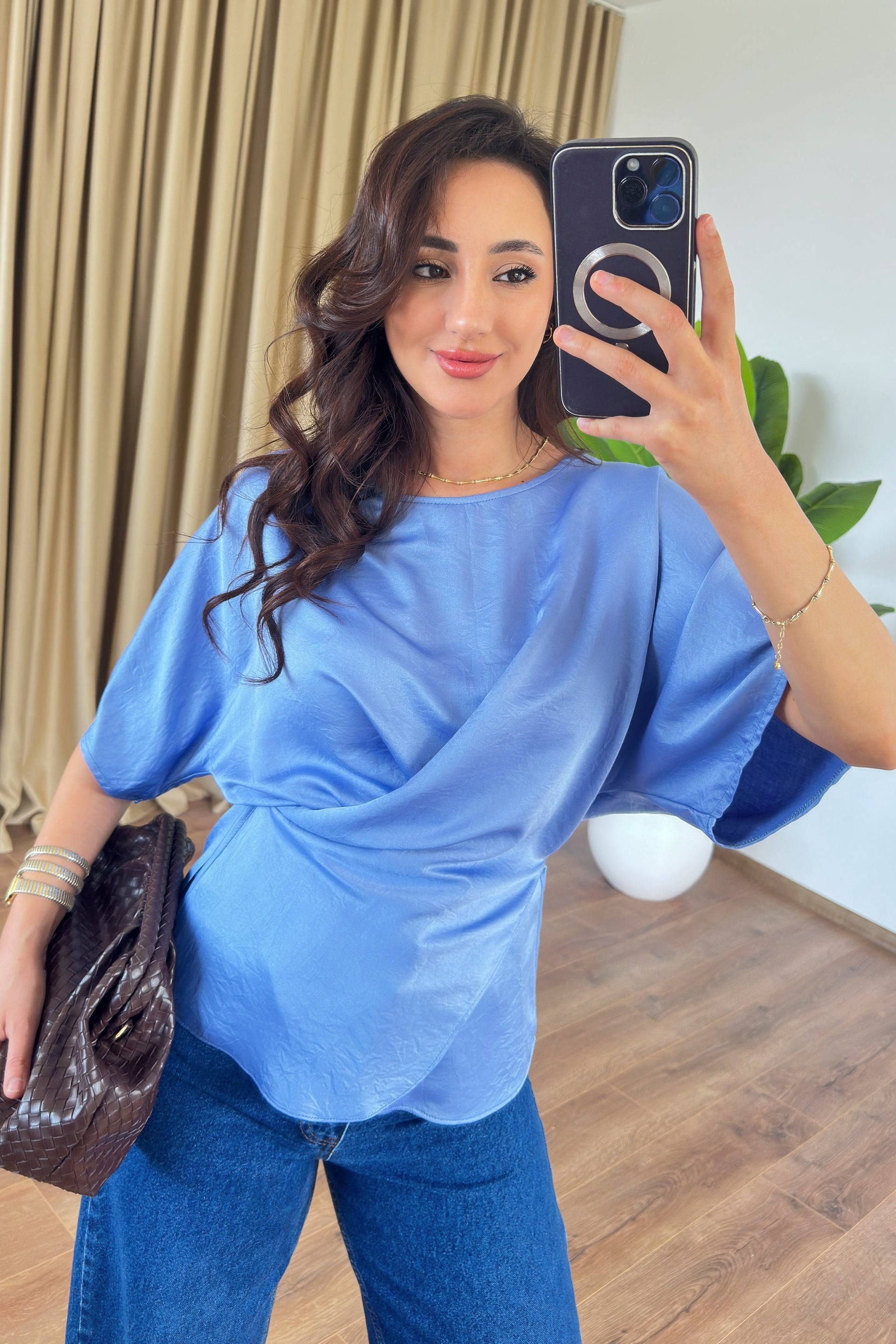 Light Blue Wrap Tie Blouse for Women - Lustri̇n - by Peralane