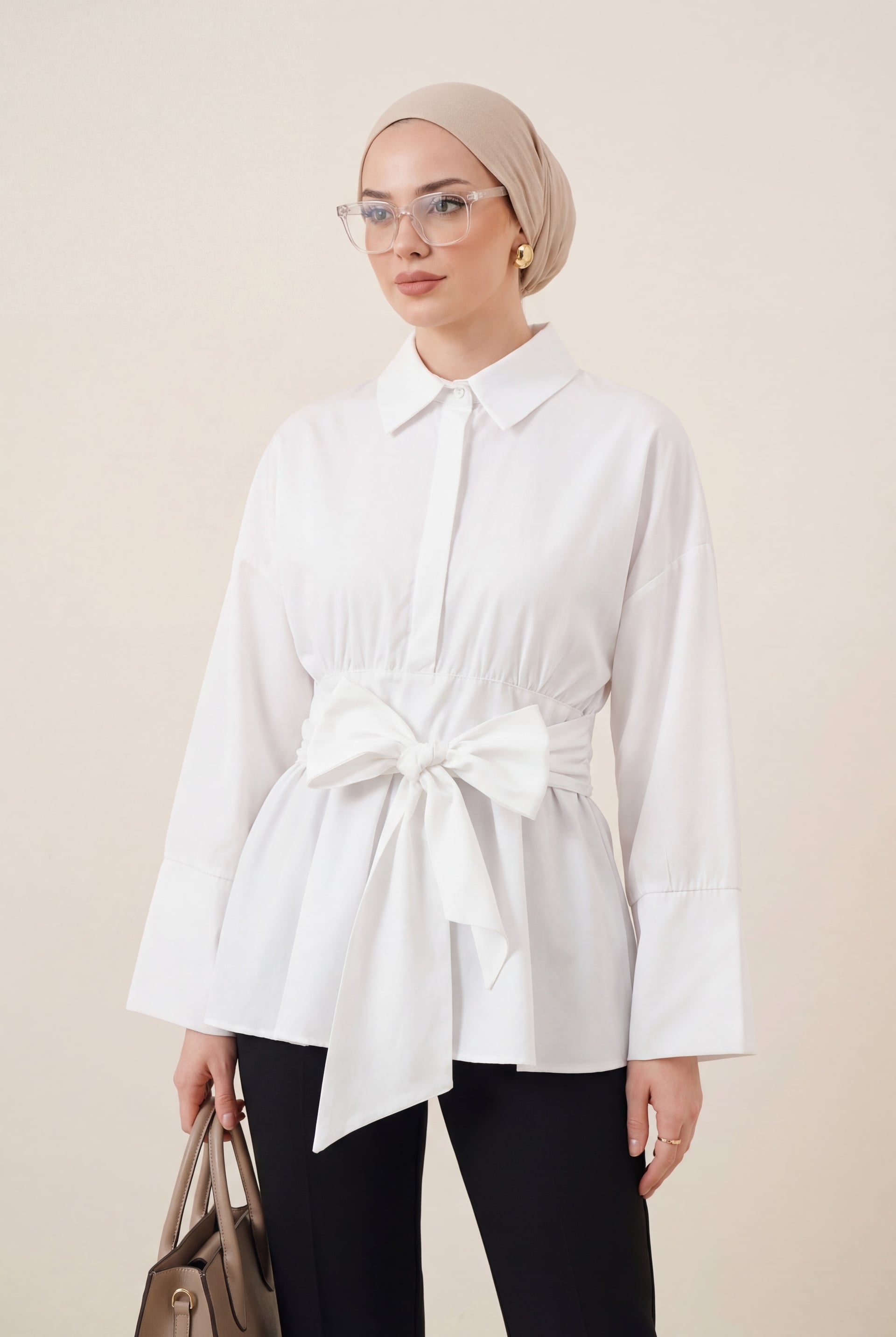 White Corseted Waist Hidden Placket Belted Poplin Tunic - Podyumplus - by Peralane - photo 4