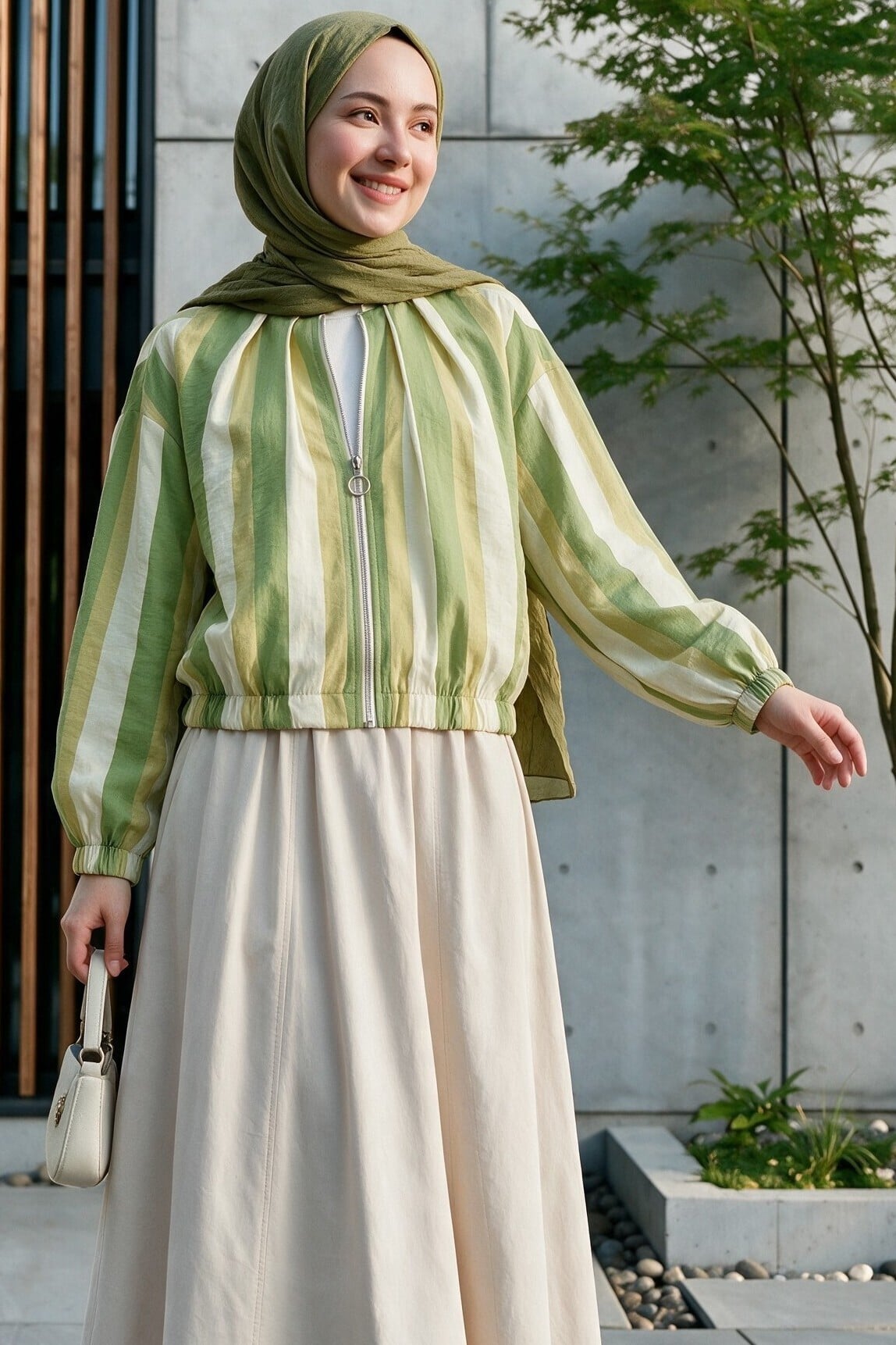 Elasticated Cuff and Hem Zip-Up Patterned Summer Jacket - Oil Green - Podyumplus - by Peralane